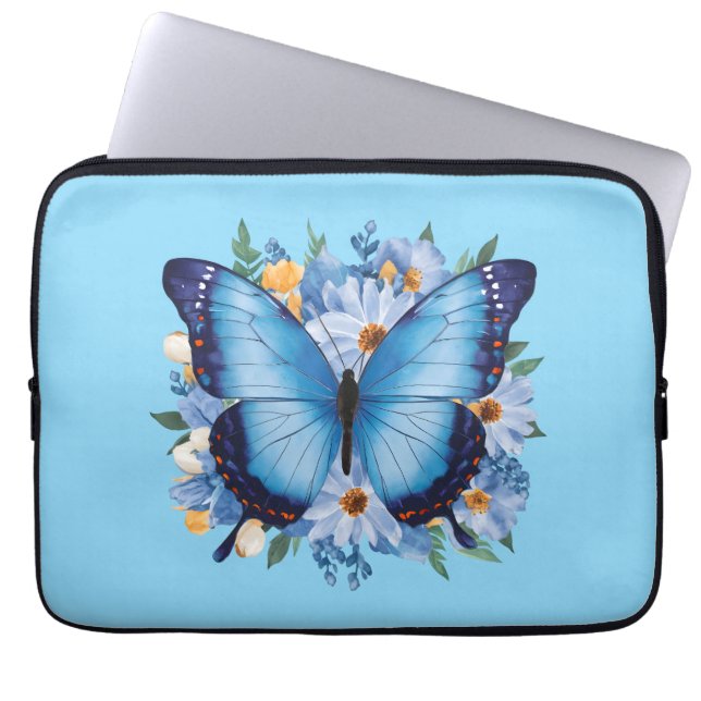 Elegant blå fjäril på blommor laptop fodral (Framsidan)