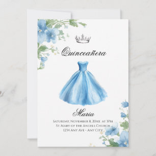 Elegant Blå Floral Quinceañera Vattenfärg Inbjudningar