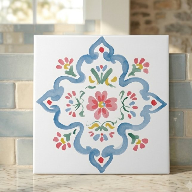 Elegant Blå Flourish Folk Blommig Dekorativ Kakelplatta (Elegant Blue Flourish Folk Floral Decorative Ceramic Tile
)