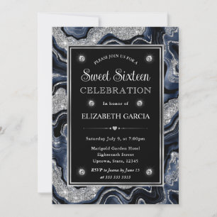 Elegant blå Foil & Silver Glitter Agate Sweet 16 Inbjudningar