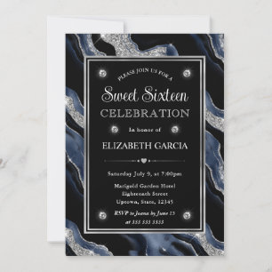 Elegant blå Foil & Silver Glitter Agate Sweet 16 Inbjudningar