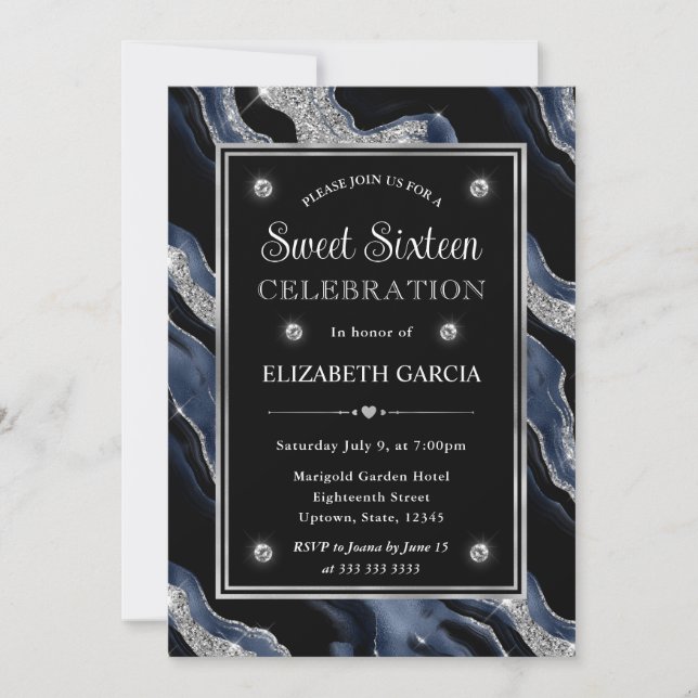 Elegant blå Foil & Silver Glitter Agate Sweet 16 Inbjudningar (Framsida)