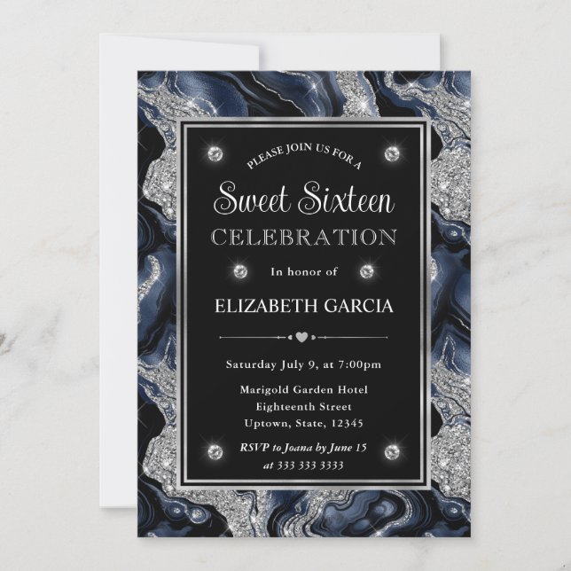 Elegant blå Folie & Silver Glitter Agate Sweet 16 Inbjudningar (Framsida)
