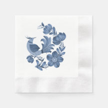 Elegant blå folkkonst fågel och blommor