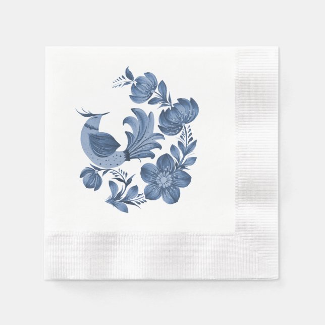 Elegant blå folkkonst fågel och blommor  pappersservett (Framsidan)