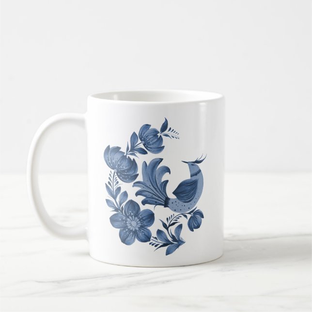 Elegant blå folkkonst fågel och blomster anpassad  kaffemugg (Vänster)
