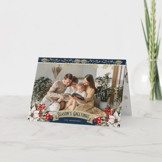 Elegant blå foto julros röda bär Poinsettia Kort (Framsida)