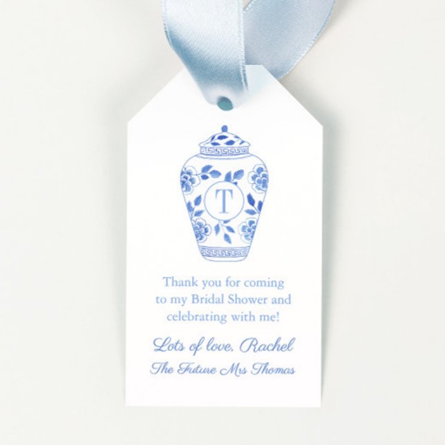 Elegant Blå Framtid Fru Monogram Bröllopsdusch Presentetikett (Elegant watercolor Ginger jar with monogram future mrs bridal shower favor tags w/ greek key backer)