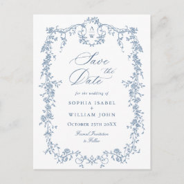 Elegant blå fransk toile bröllop Save the Date Vykort
