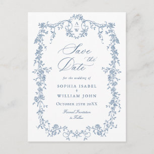 Elegant blå fransk toile bröllop Save the Date Vykort