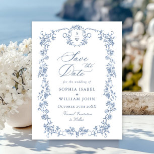 Elegant blå fransk toile bröllop Save the Date Vykort