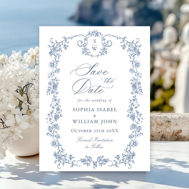 Elegant blå fransk toile bröllop Save the Date Vykort (Skapare uppladdad)
