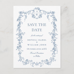 Elegant blå fransk toile bröllop Save the Date Vykort