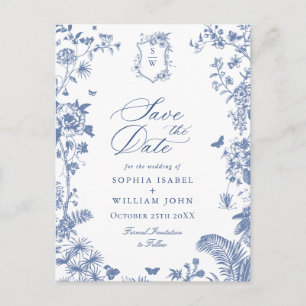 Elegant Blå Fransk Toile Bröllop Spara Datum Vykort