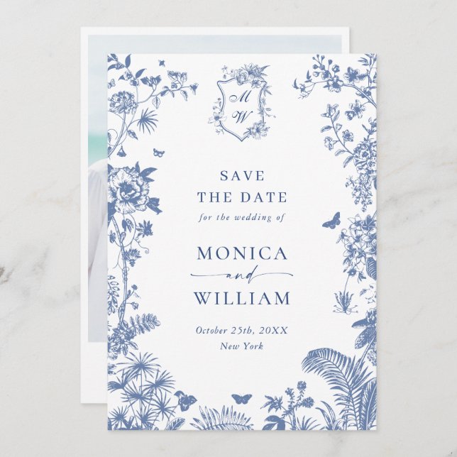 Elegant Blå Fransk Trädgård Blommig Bröllopsfoto Spara Datumet (Fram/baksida)