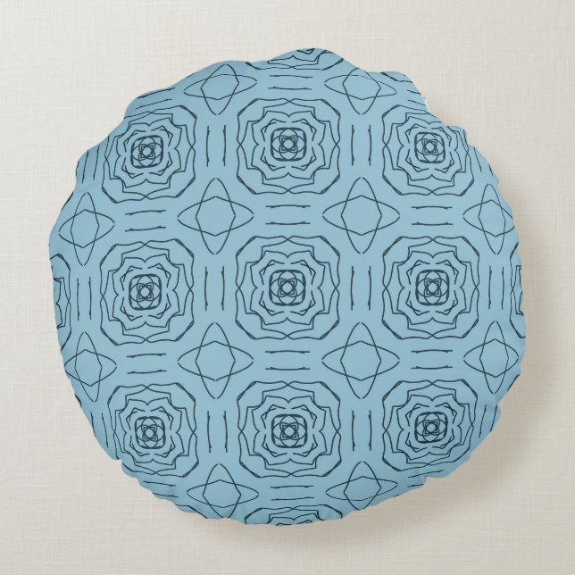 Elegant Blå Geometrisk Linje Konst Sömlöst Mönster Rund Kudde (Baksidan)
