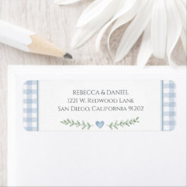 Elegant Blå Gingham Hjärt Baby Shower Returadress Etikett