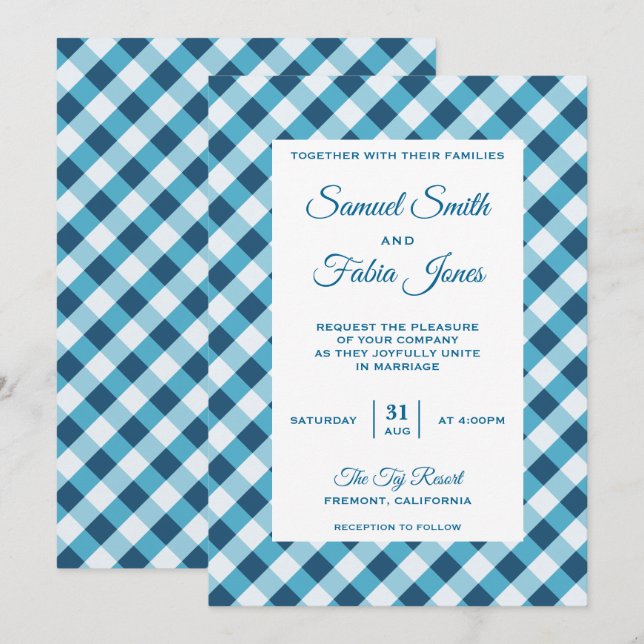 Elegant blå gingham-mönstrad bröllopsinbjudan inbjudningar (Fram/baksida)