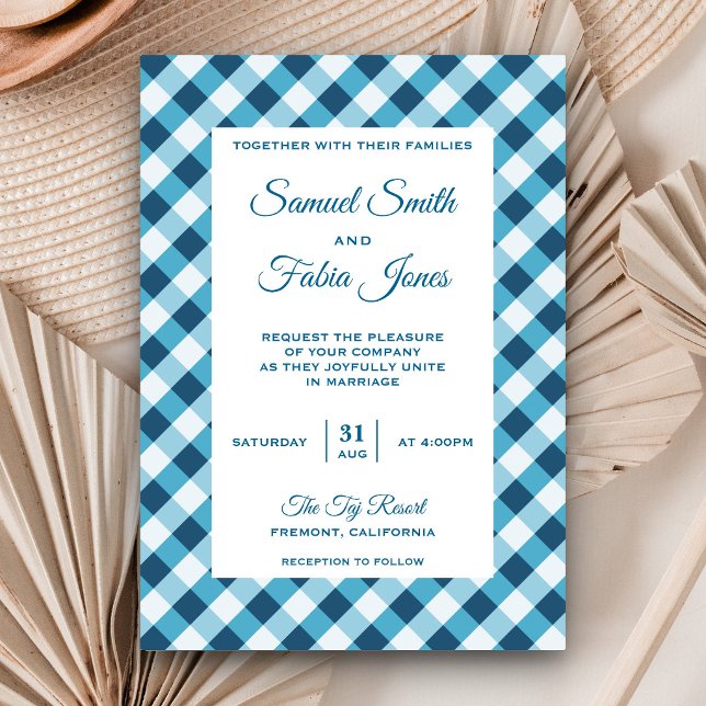 Elegant blå gingham-mönstrad bröllopsinbjudan inbjudningar (Skapare uppladdad)