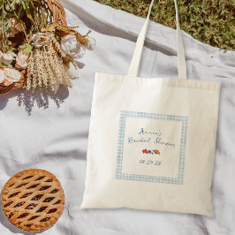 Elegant blå gingham-sommarbrunch bröllopsdusch tygkasse