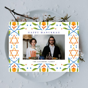 Elegant Blå Glad Hanukkah Familj 1 Foto Julkort