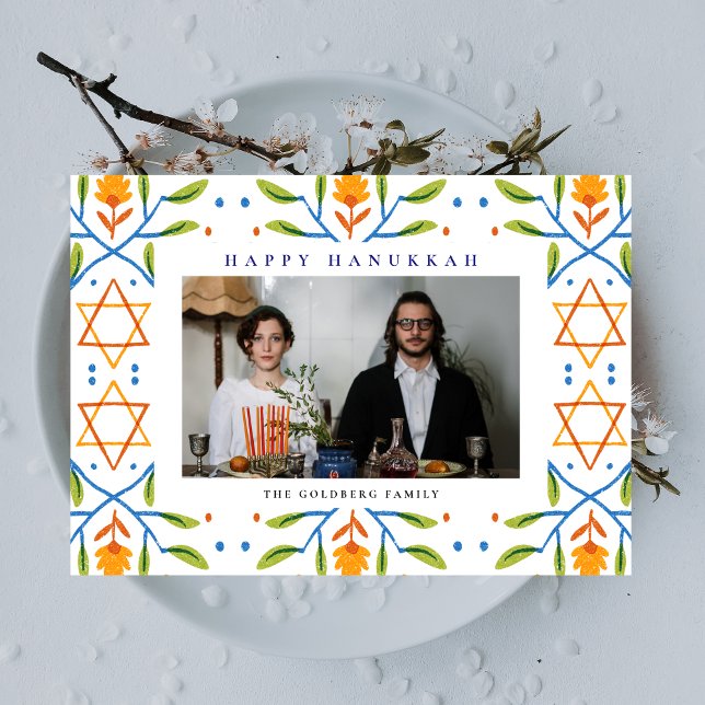Elegant Blå Glad Hanukkah Familj 1 Foto Julkort (Skapare uppladdad)