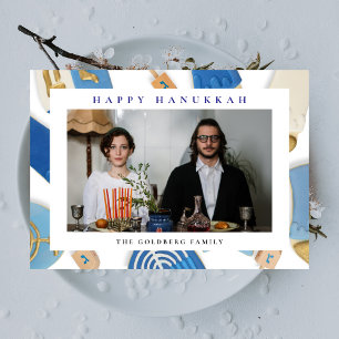 Elegant Blå Glad Hanukkah Familj 1 Foto Julkort