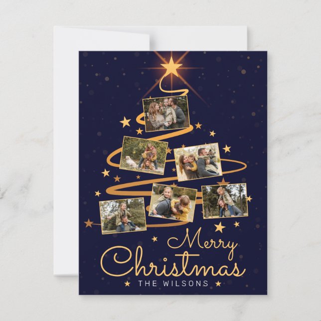 Elegant blå glad jul gran 7 familjefoto julkort (Framsida)