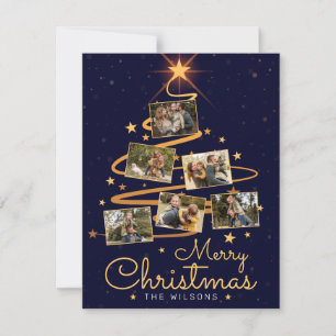 Elegant blå glad jul gran 7 familjefoto julkort