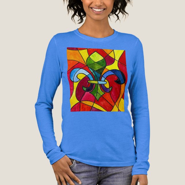 Elegant blå glasmålning Fleur-de-lis akvarell T Shirt (Framsida)