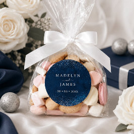 Elegant Blå Glitter Bröllop Runt Klistermärke