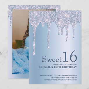 Elegant blå glitter droppar sweet sixteen inbjudningar