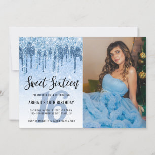 Elegant blå glitter droppar sweet sixteen inbjudningar