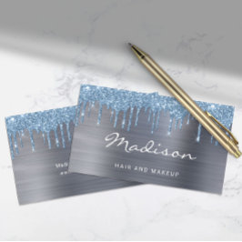 Elegant Blå Glitter-droppshår och -makeup Visitkort