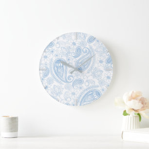 Elegant blå glitter Paisley blommönster i vitt Stor Klocka