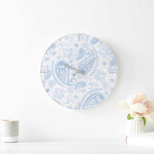 Elegant blå glitter Paisley blommönster i vitt Stor Klocka (Hem)