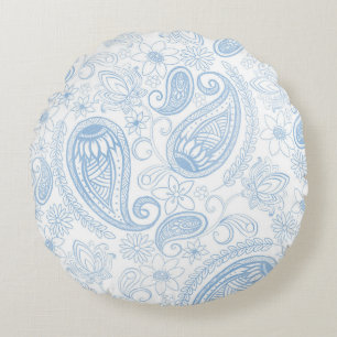 Elegant blå glitter Paisley blommönster vit design Rund Kudde