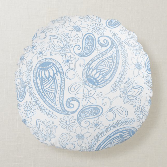 Elegant blå glitter Paisley blommönster vit design Rund Kudde (Framsidan)