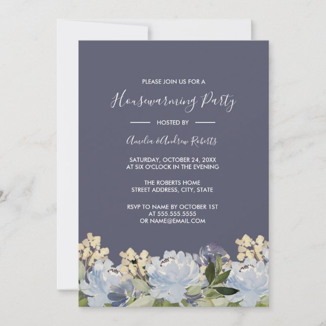Elegant Blå Grå Blommig Husvärmning Inbjudningar (Framsida)