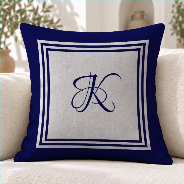 Elegant Blå Grå Modern Fyrkantig Monogram Kudde (Skapare uppladdad)