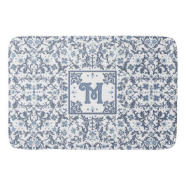 Elegant Blå Grafisk Blommig Mönster Monogram Badrumsmatta