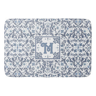 Elegant Blå Grafisk Blommig Mönster Monogram Badrumsmatta