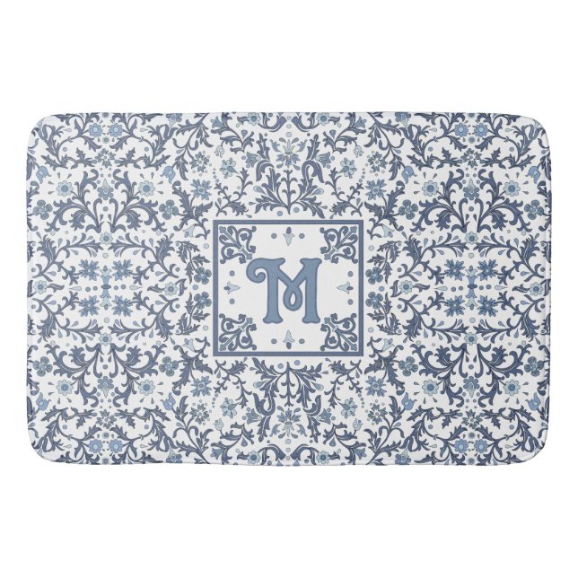 Elegant Blå Grafisk Blommig Mönster Monogram Badrumsmatta (Framsidan)