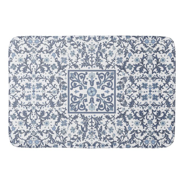 Elegant Blå Grafisk Blommönster Badrumsmatta (Framsidan)
