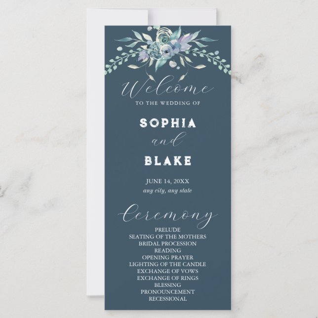 Elegant Blå & Grön Blommig Grå Bröllopsprogram (Framsida)