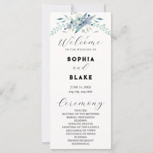 Elegant Blå & Grön Blommig Kräm Bröllopsprogram