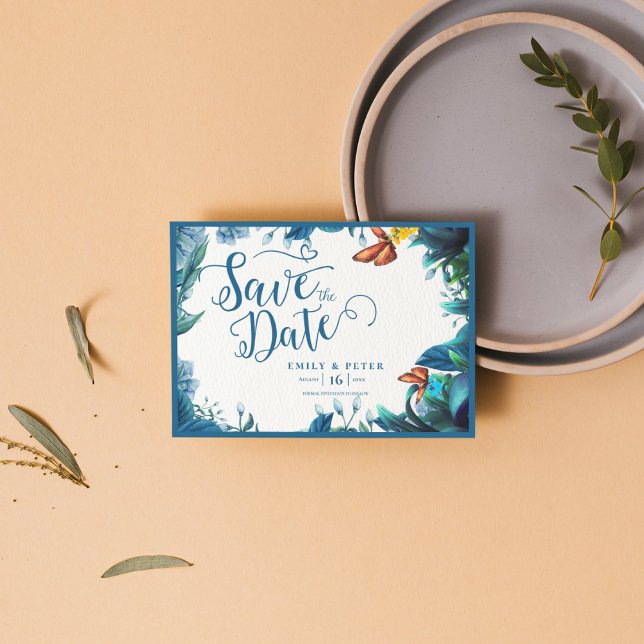 Elegant Blå Grön Botanisk Fjäril Bröllop Spara Datumet (Elegant Blue Green Botanical Butterfly Wedding Save The Date)