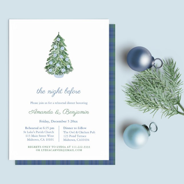 Elegant Blå Grönt jul - repetitionsmiddag Inbjudningar (Blue And White Chinoiserie With Plaid Backer Christmas Wedding Rehearsal Dinner Invitation)