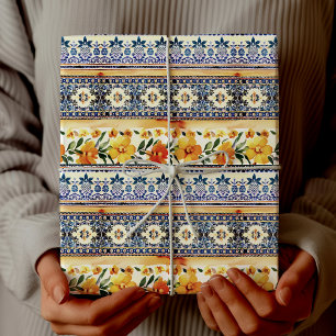 Elegant blå gul Medelhavs floral kakel Presentpapper
