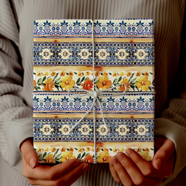 Elegant blå gul Medelhavs floral kakel Presentpapper (Skapare uppladdad)